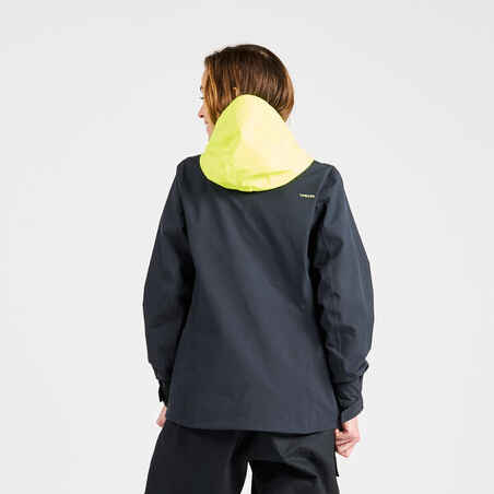 Women's sailing waterproof windproof jacket SAILING 300 - Dark grey Yellow hood