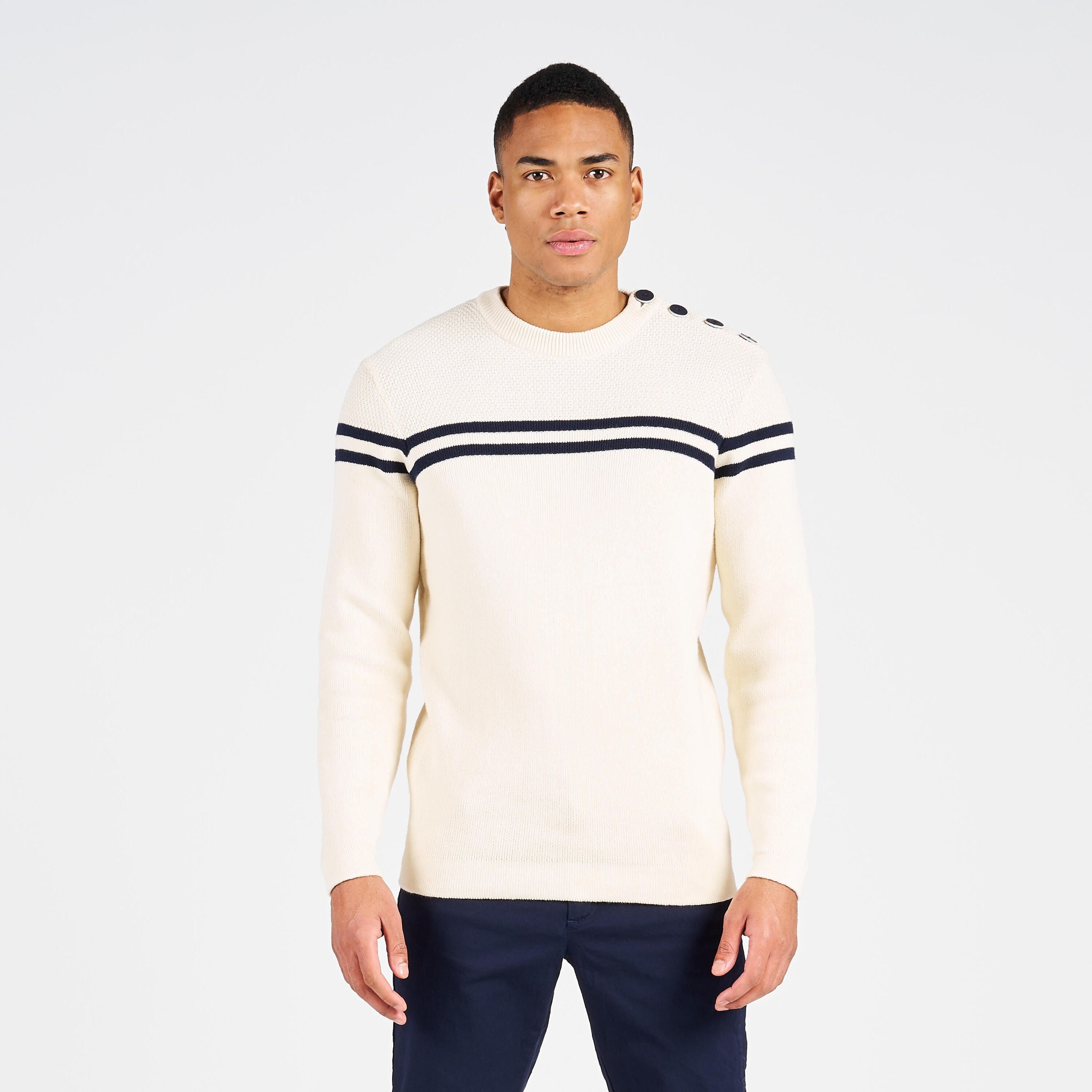 TRIBORD Schipperstrui voor heren 100 beige met marineblauwe streep