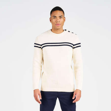 Pull marin tricoté homme, 100 beige rayé bleu navy