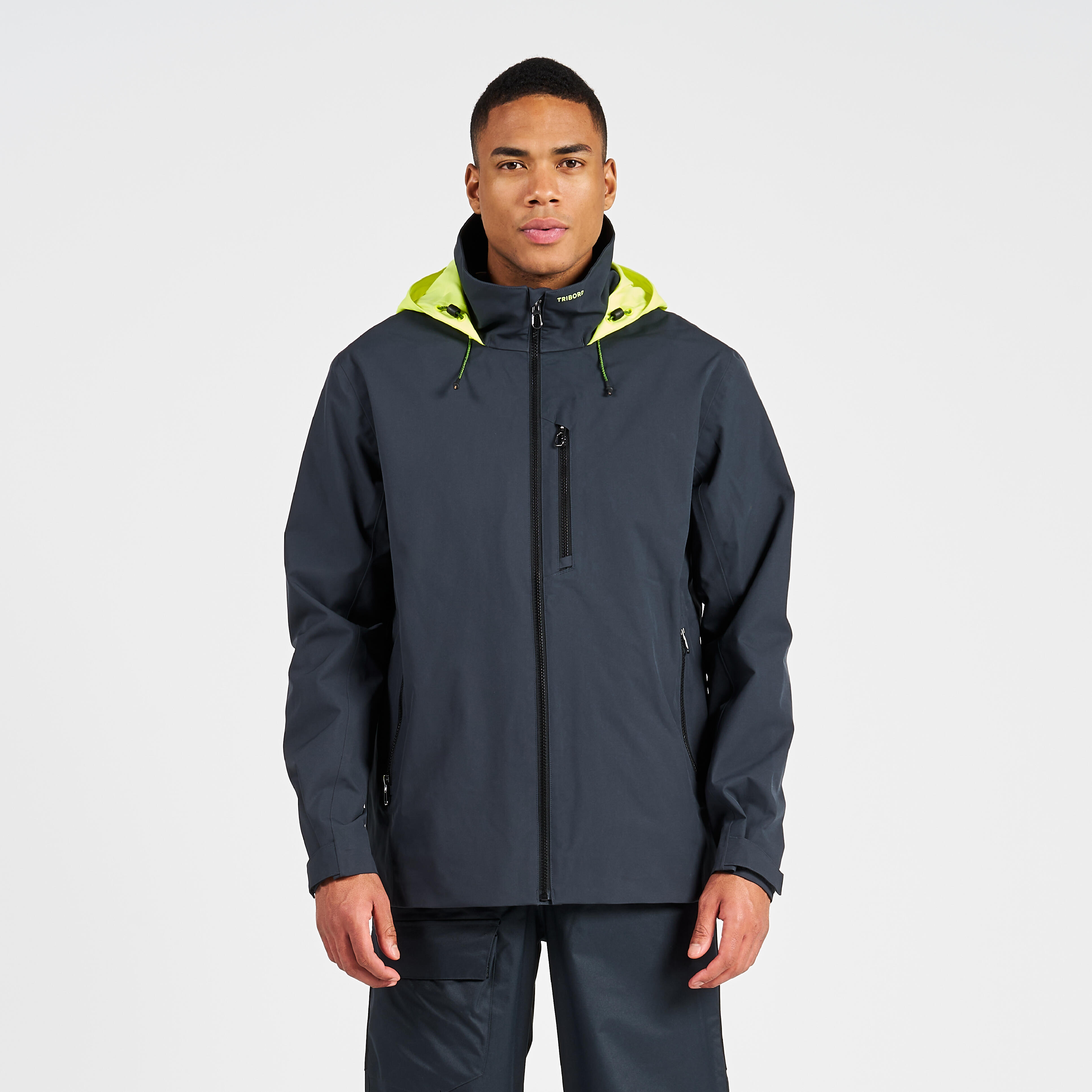 veste imperméable voile coupe-vent homme - sailing 300 gris foncé capuche jaune - tribord