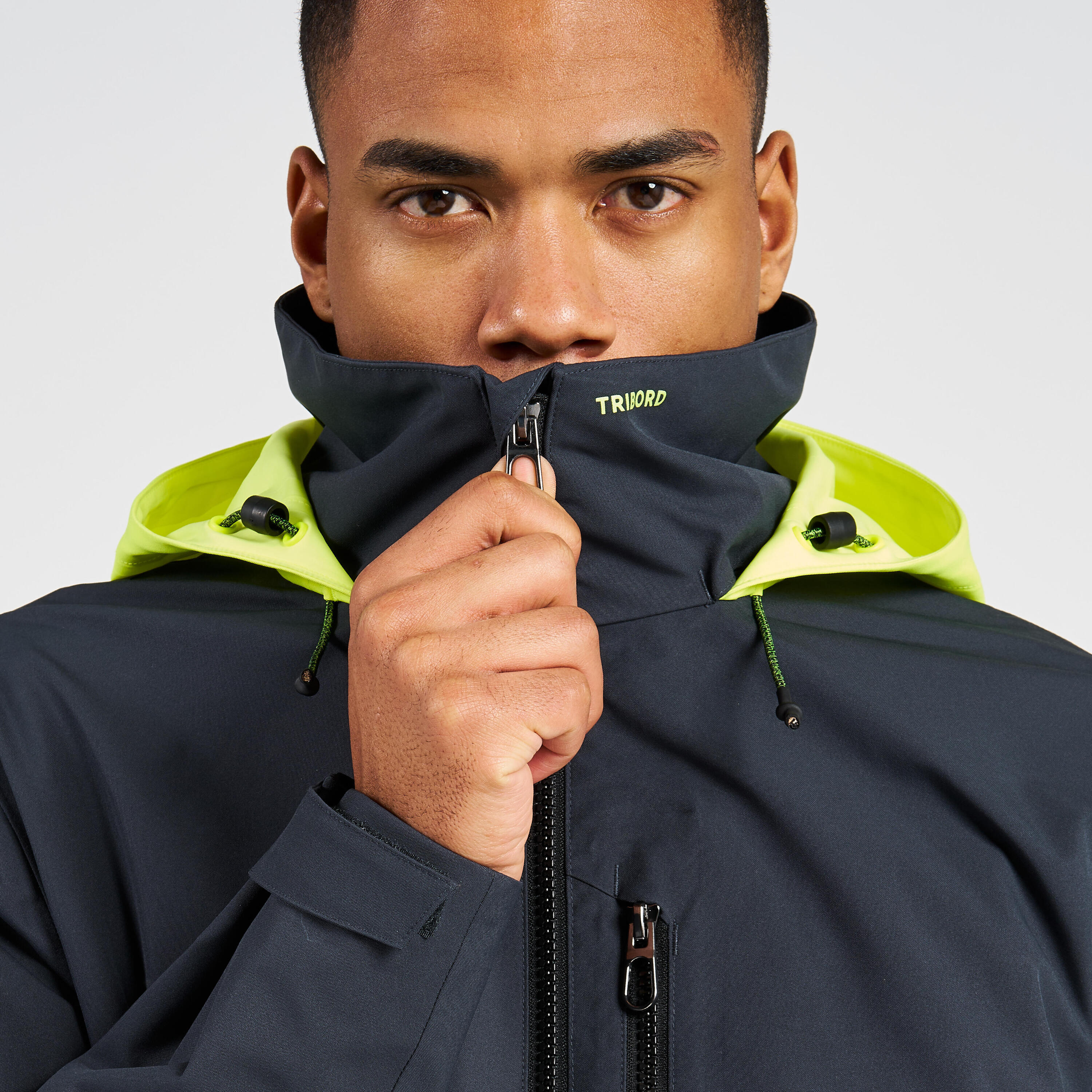 Men’s sailing waterproof windproof jacket - Sailing 500 grey yellow hood 7/12