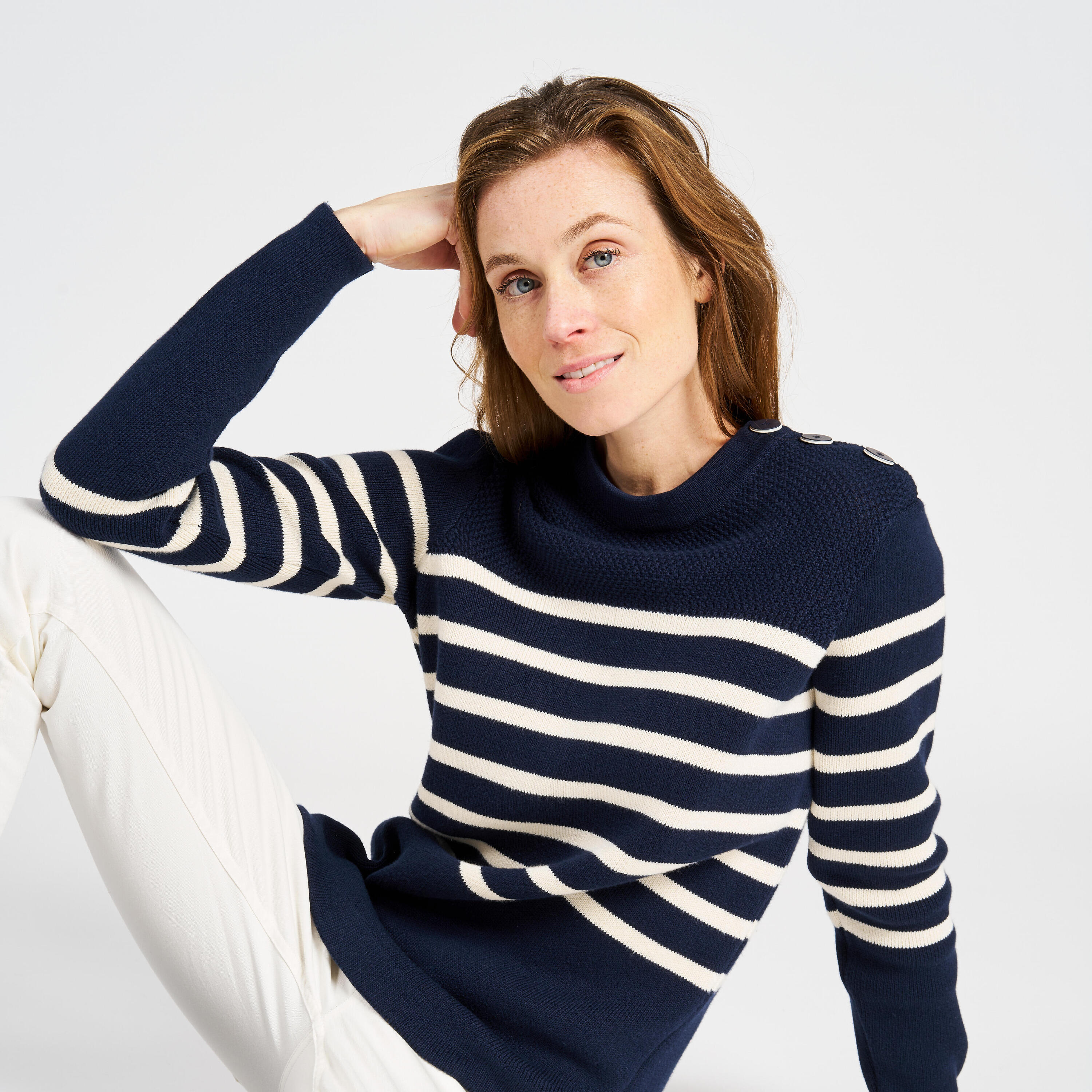 Women’s knitted sailing pullover - 100 navy blue with beige stripes 9/11