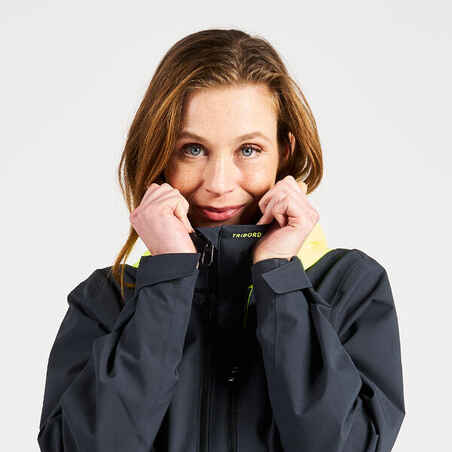 Women's sailing waterproof windproof jacket SAILING 300 - Dark grey Yellow hood