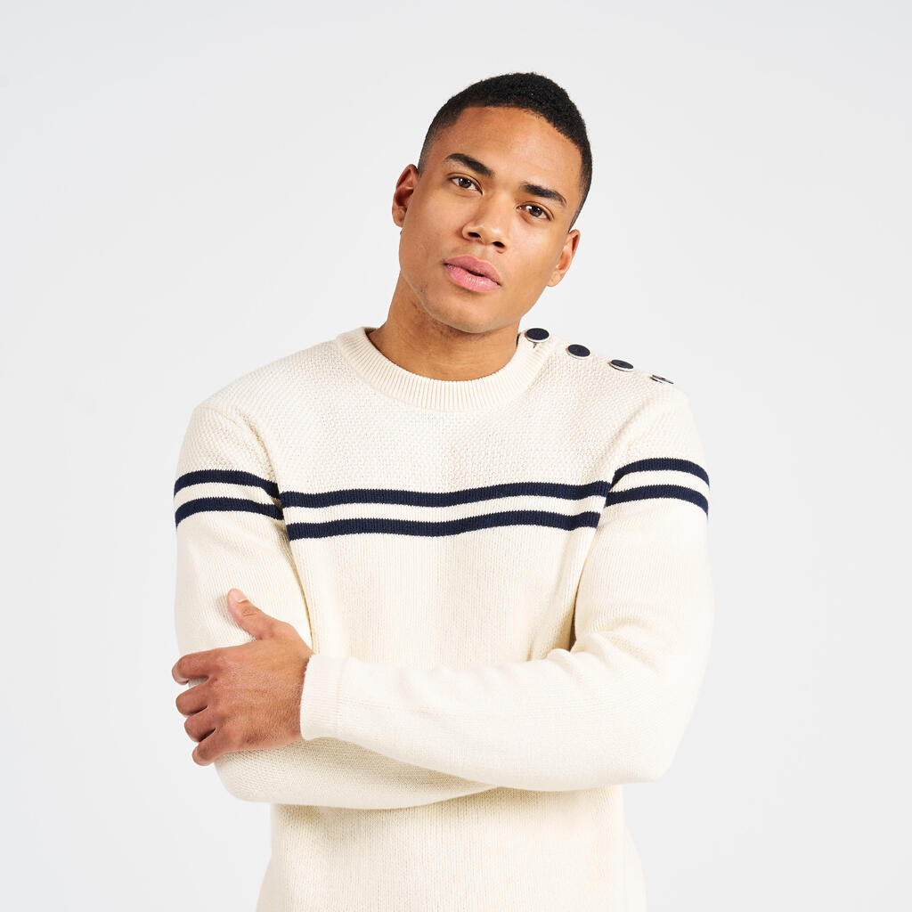 Pull marin tricoté homme, 100 beige rayé bleu navy