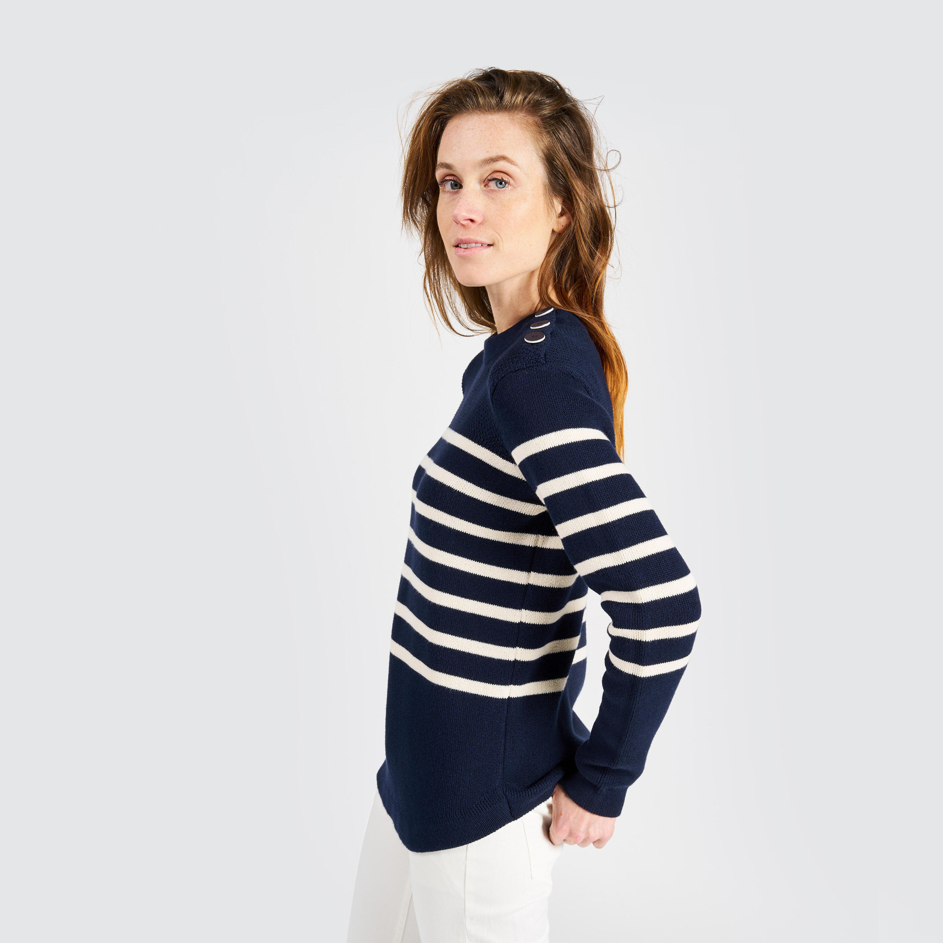 Women’s knitted sailing pullover - 100 navy blue with beige stripes 8/11