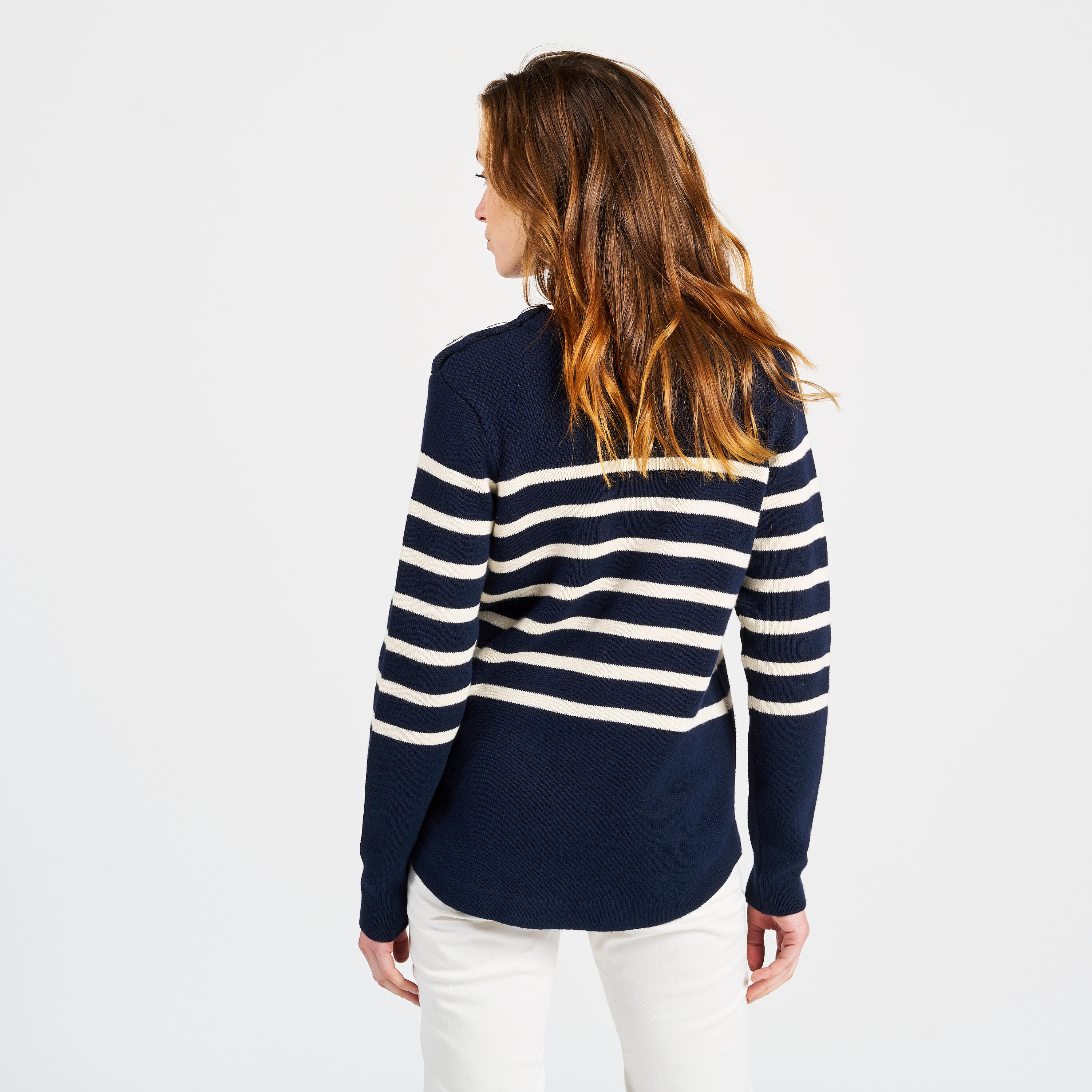 Women’s knitted sailing pullover - 100 navy blue with beige stripes 7/11