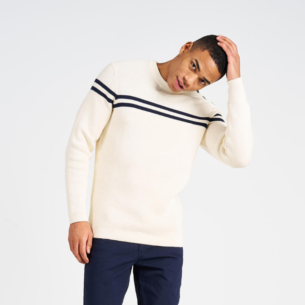 Pull marin tricoté homme, 100 beige rayé bleu navy