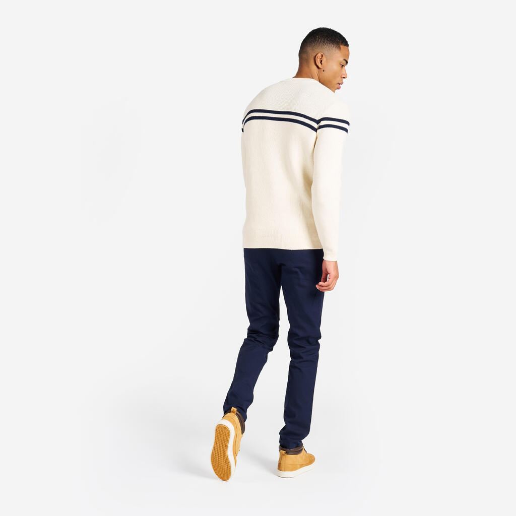 Men’s knitted navy pullover, 100 beige with navy blue stripes