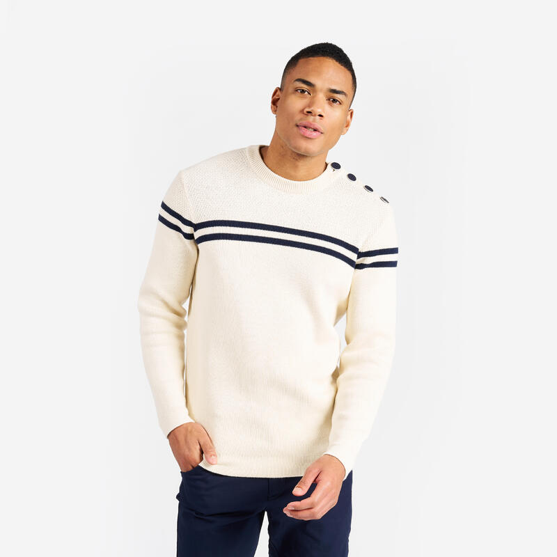 Pull marin tricoté homme, 100 beige rayé bleu navy