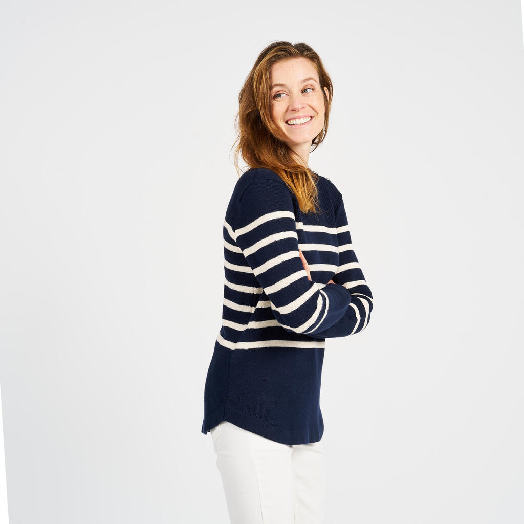 Women’s knitted sailing pullover - 100 navy blue with beige stripes