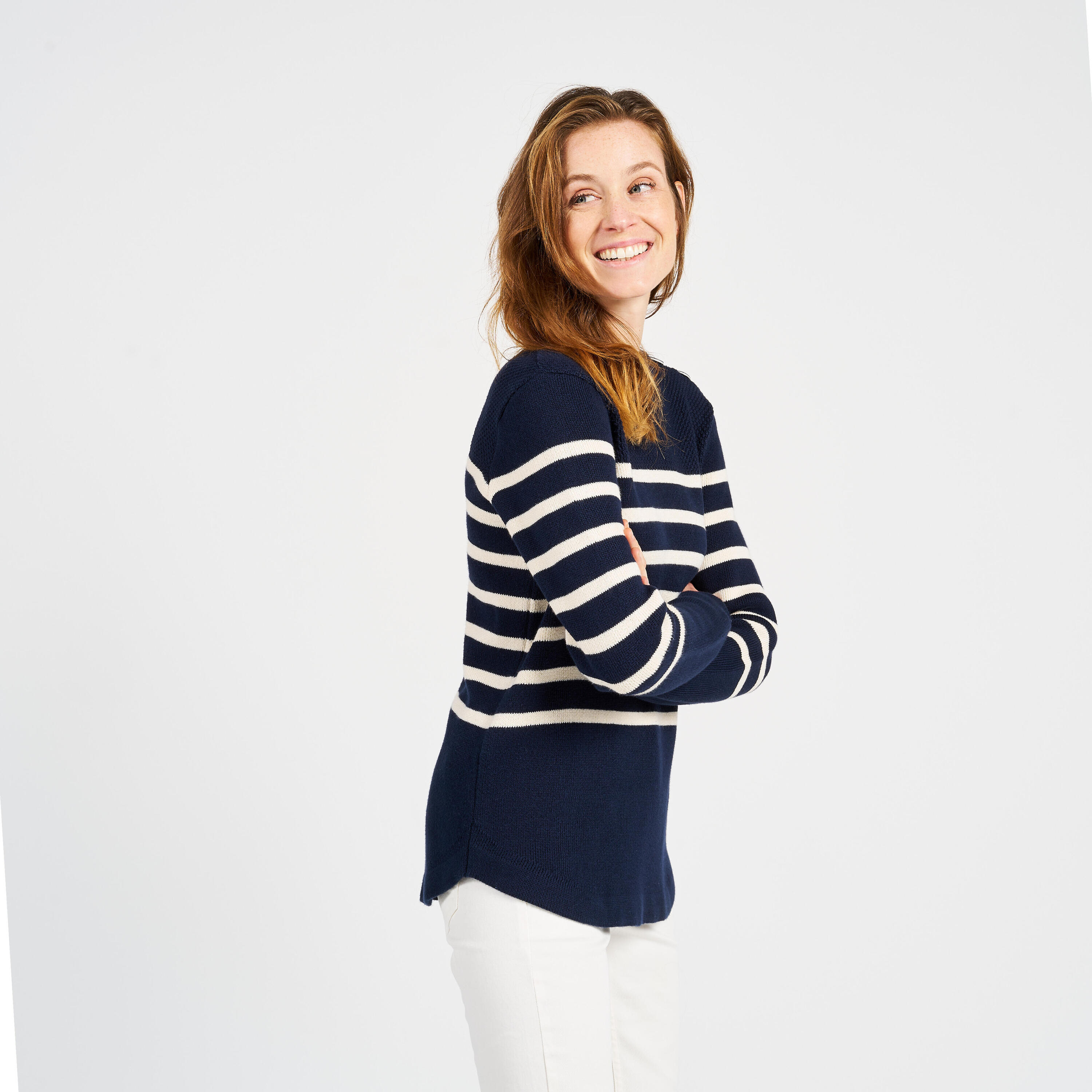 Women’s knitted sailing pullover - 100 navy blue with beige stripes 3/11