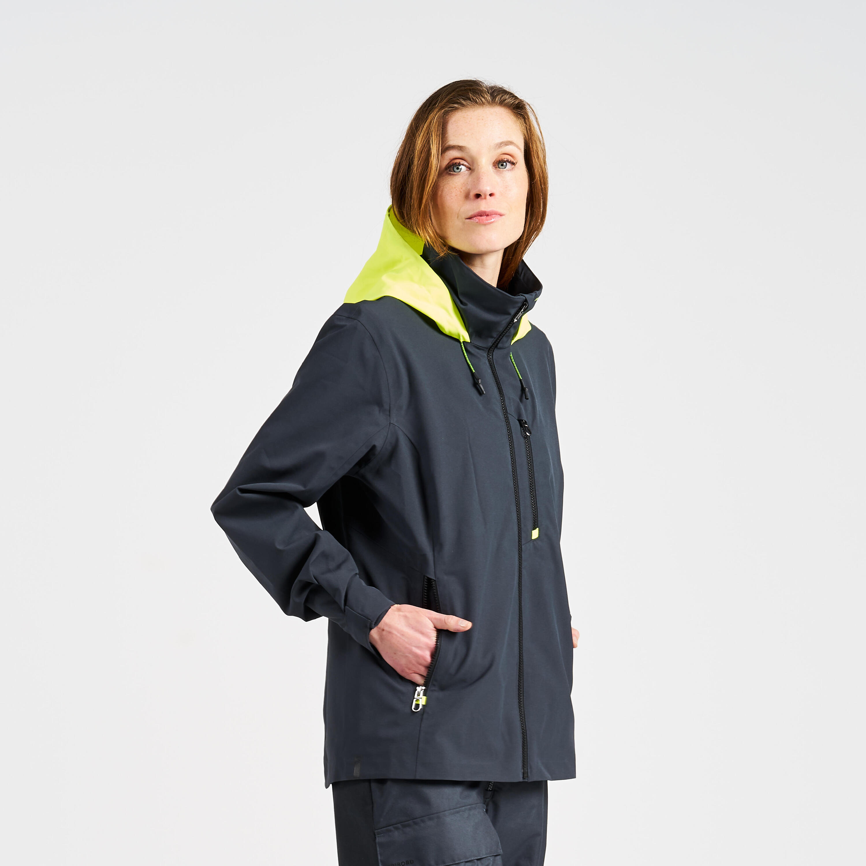 Women's sailing waterproof windproof jacket SAILING 300 - Dark grey Yellow hood 2/13