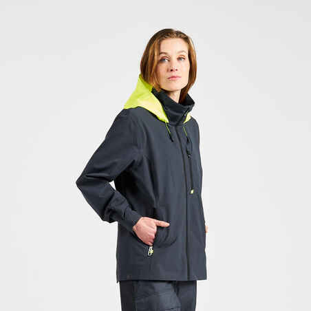 Women's sailing waterproof windproof jacket SAILING 300 - Dark grey Yellow hood