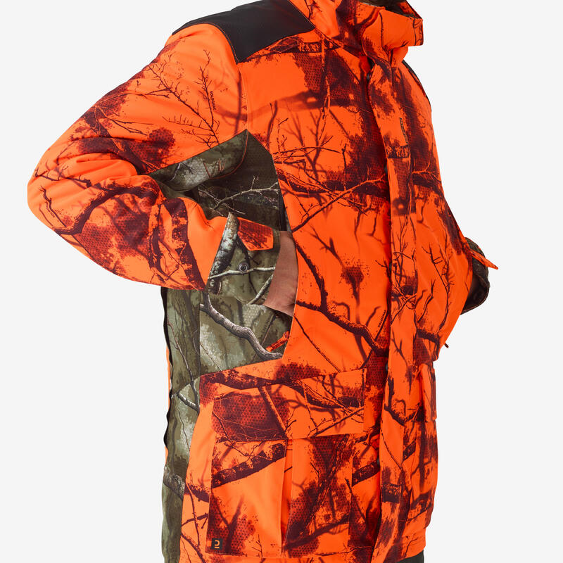 Chaqueta Caza Solognac 500 Calida 3 en 1 Impermeable Treemetic Naranja Fluo