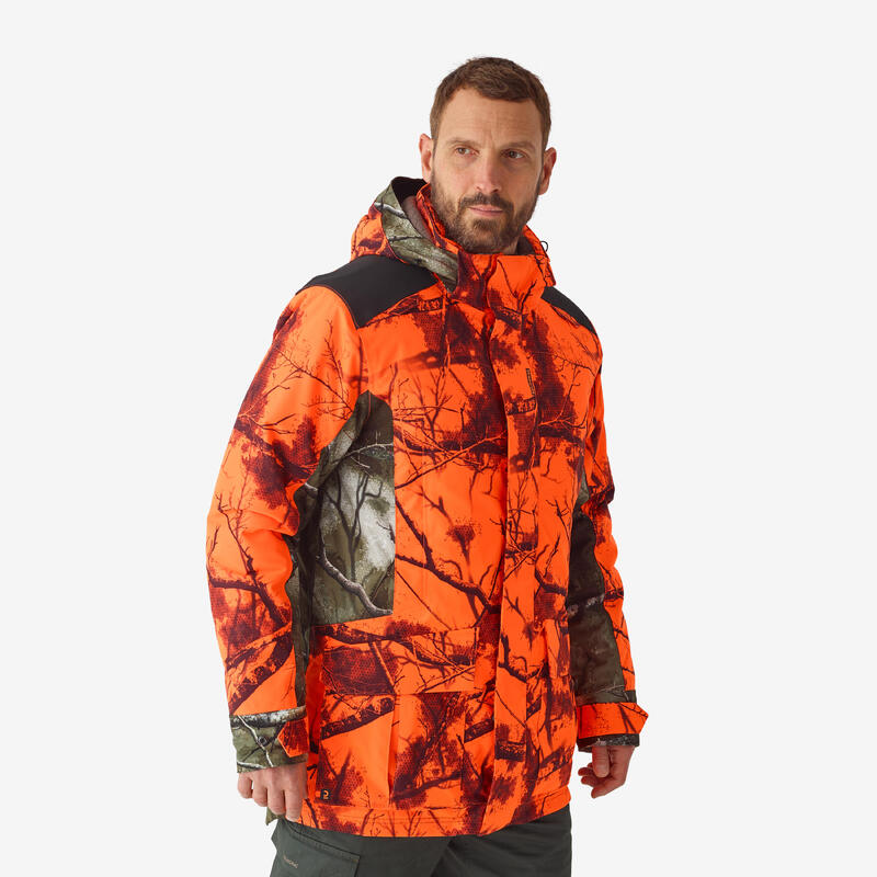 Chaqueta Caza Solognac 500 Calida 3 en 1 Impermeable Treemetic Naranja Fluo