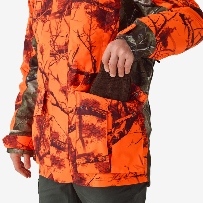 Chaqueta Caza Solognac 500 Calida 3 en 1 Impermeable Treemetic Naranja Fluo