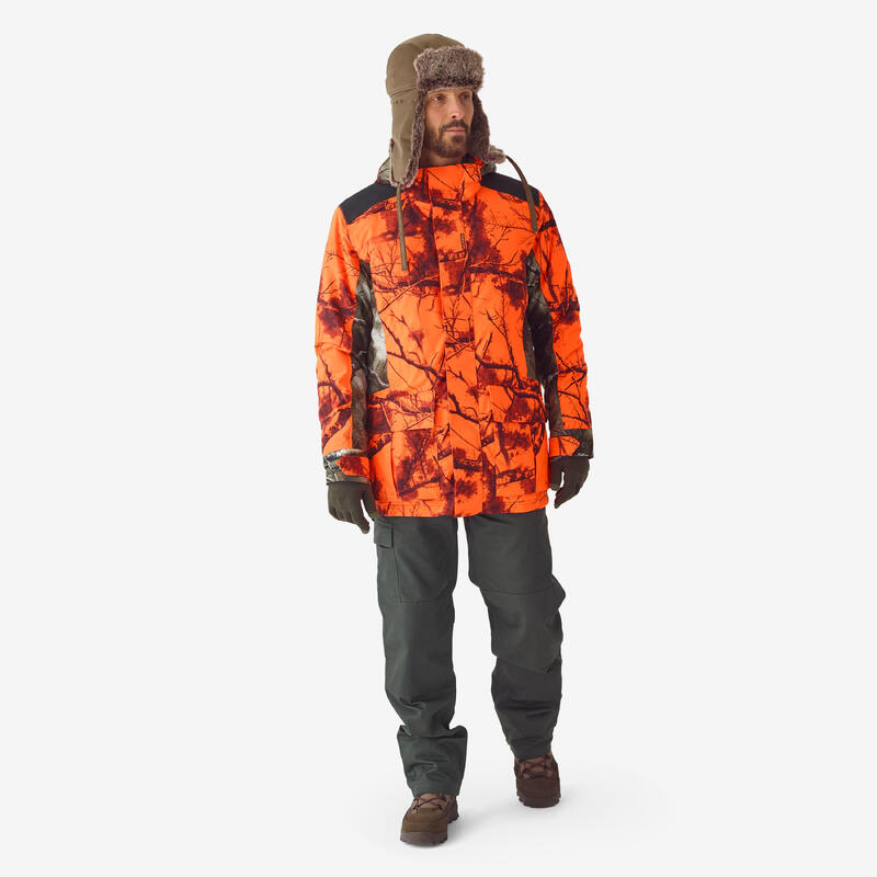 Chaqueta Caza Solognac 500 Calida 3 en 1 Impermeable Treemetic Naranja Fluo