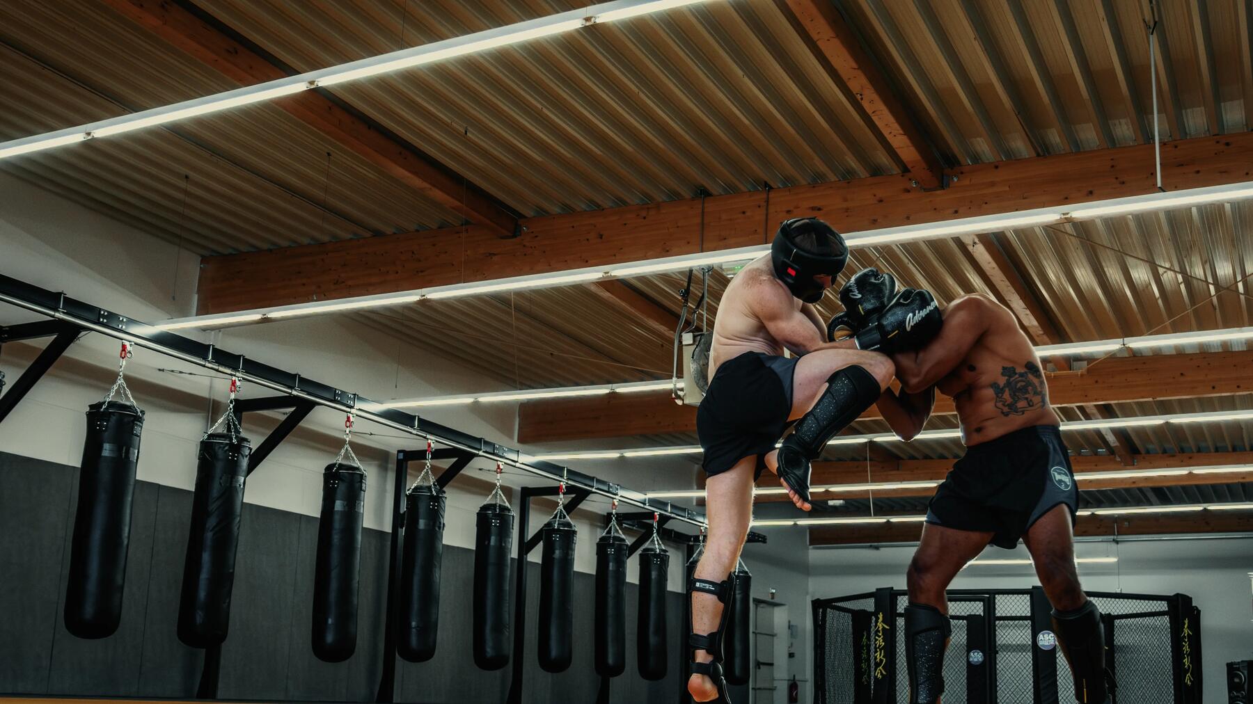 Männer boxen gegeneinander mit Boxsäcken dahinter