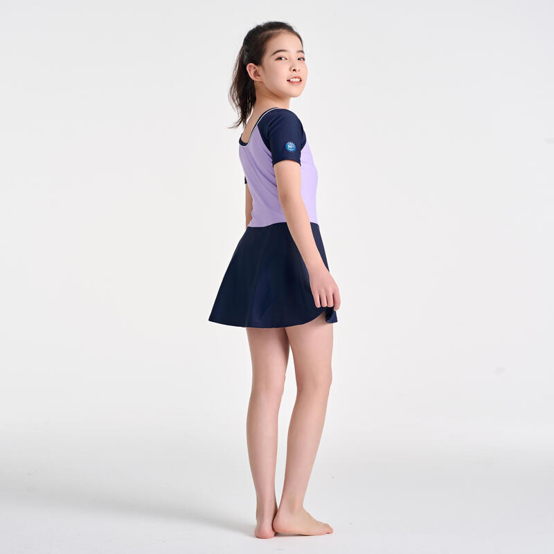 女孩款連身裙泳衣 (可拆卸式護墊) - 紫色/海軍藍