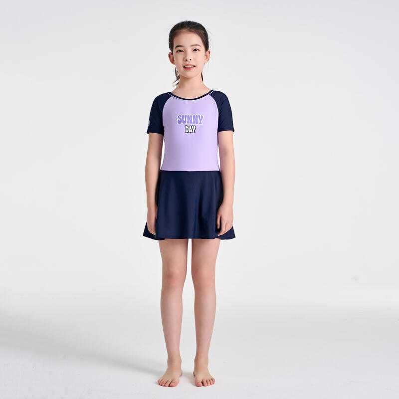 女孩款連身裙泳衣 (可拆卸式胸墊) - 紫色/海軍藍