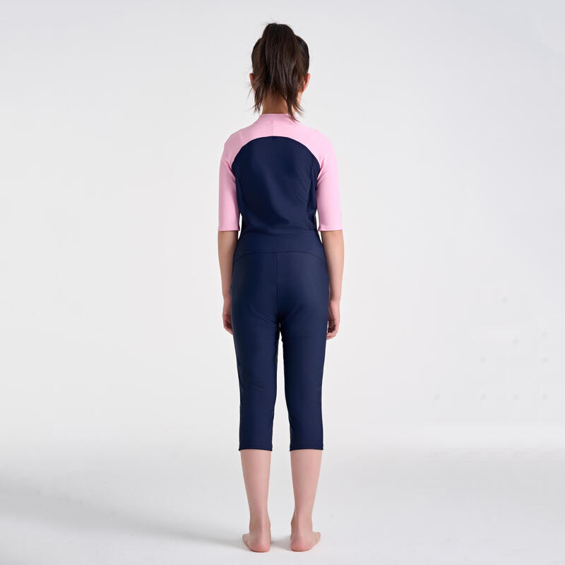 女孩款抗紫外線短袖泳衣 100 (可拆卸式護墊) - 海軍粉紅