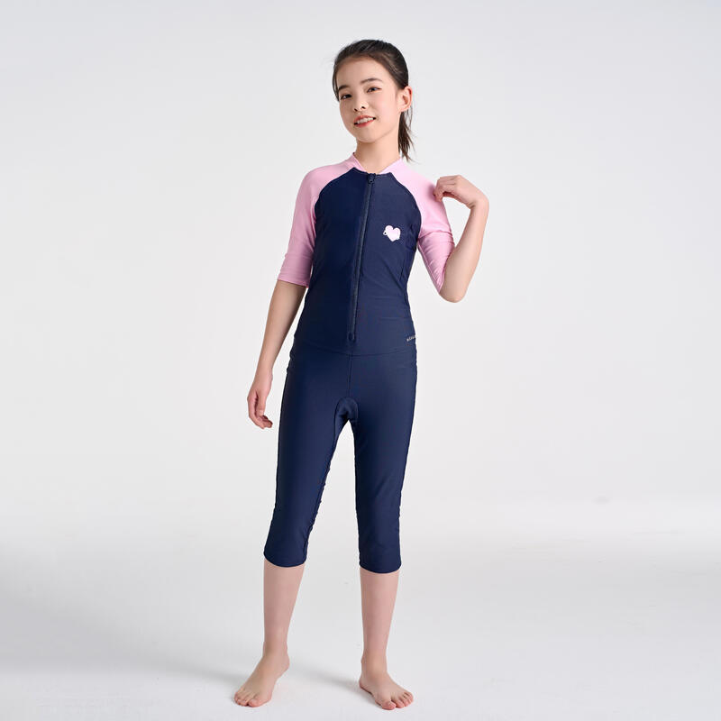 女孩款抗紫外線短袖泳衣 100 (可拆卸式護墊) - 海軍粉紅