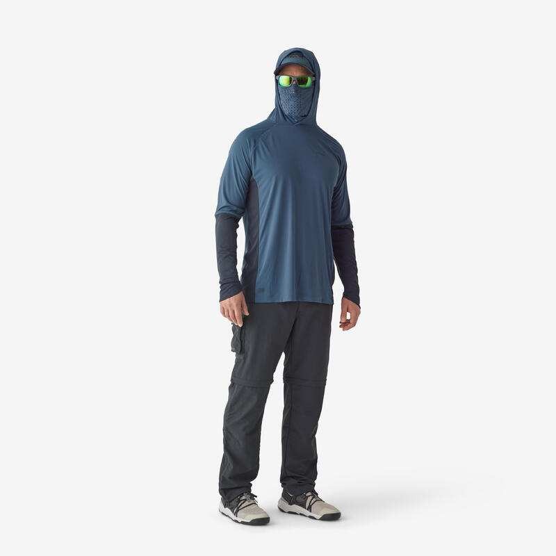 T-shirt pesca uomo anti-UV 500 con cappuccio azzurra