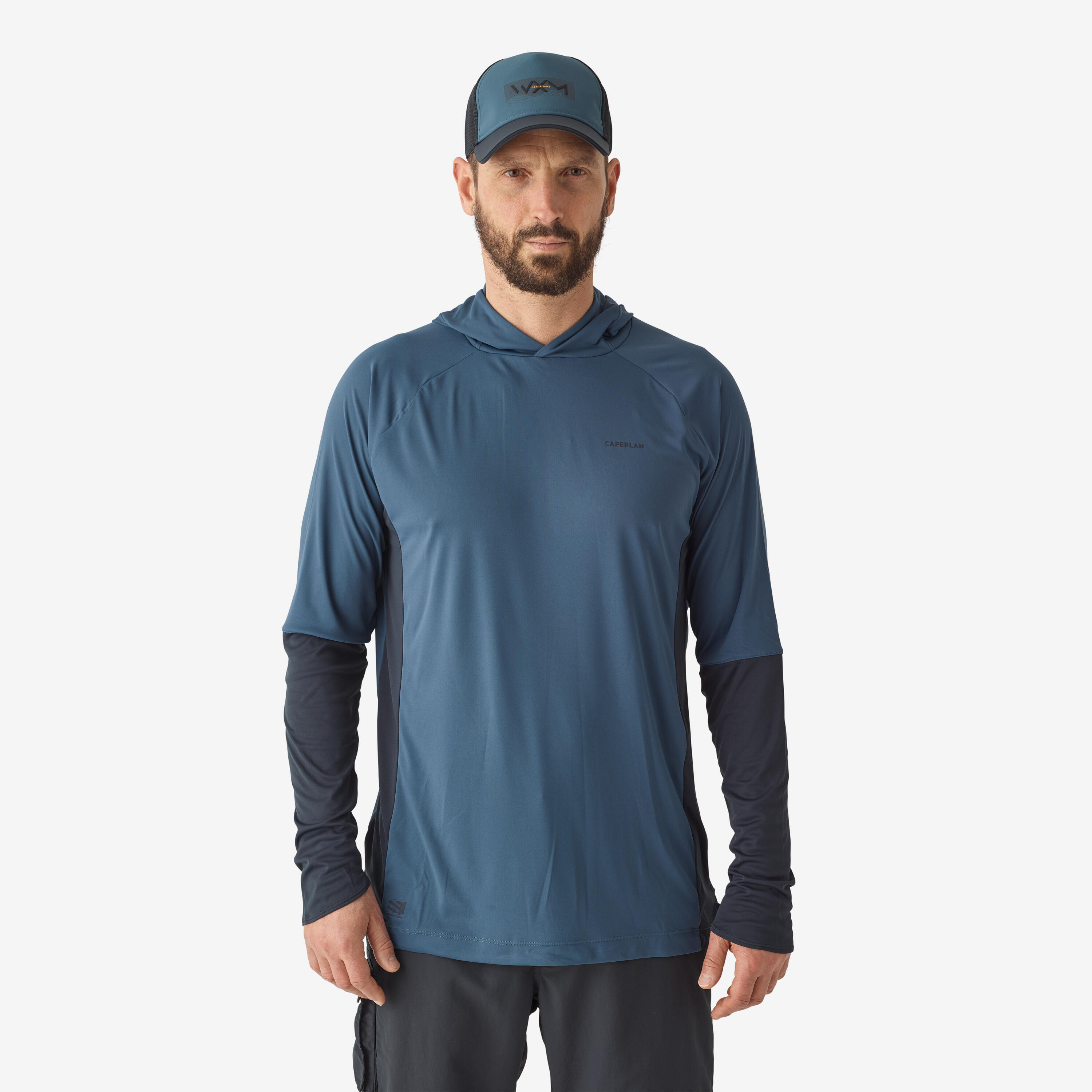 tee-shirt de pêche anti-uv 500 capuche bleu - caperlan