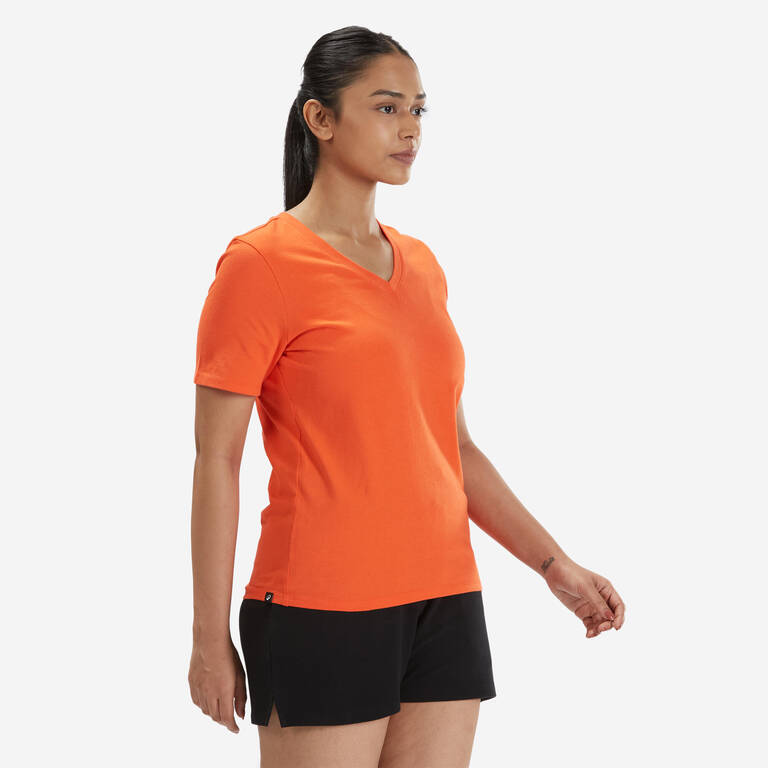 Women's V-Neck Fitness T-Shirt 500 - Bright Tomato
