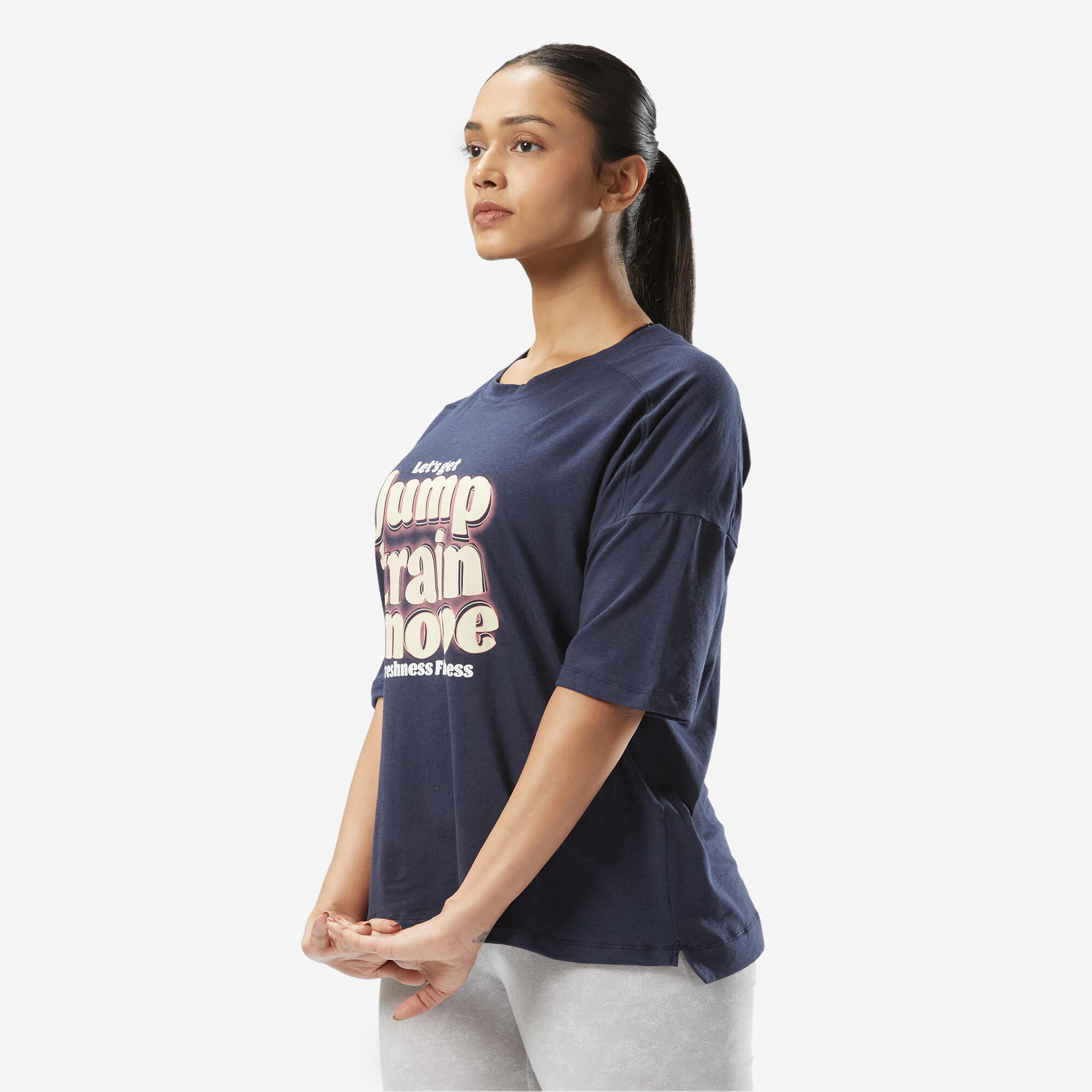 Women's Loose-Fit Fitness T-Shirt 520 - Navy Blue Print 5/6