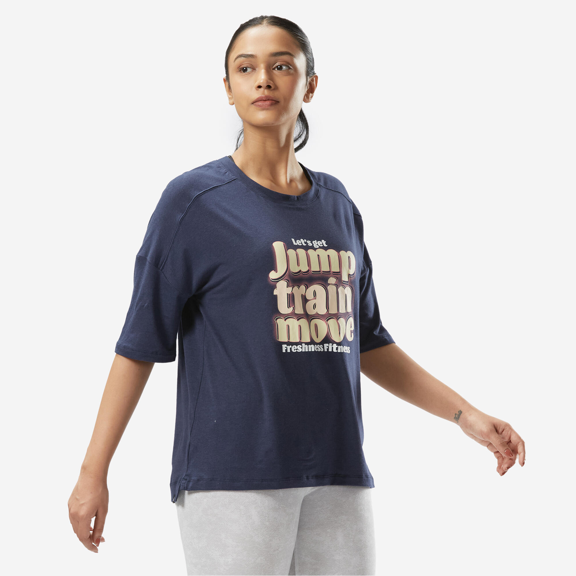 DOMYOS Women's Loose-Fit Fitness T-Shirt 520 - Navy Blue Print