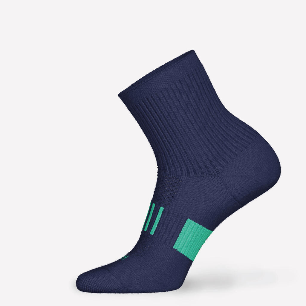 KIPRUN 500 mid kids' comfort running socks 2-pack - navy and striped green