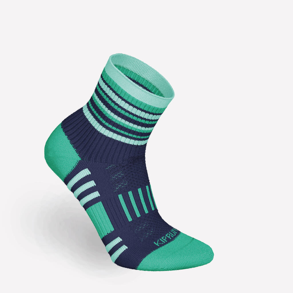 KIPRUN 500 mid kids' comfort running socks 2-pack - navy and striped green