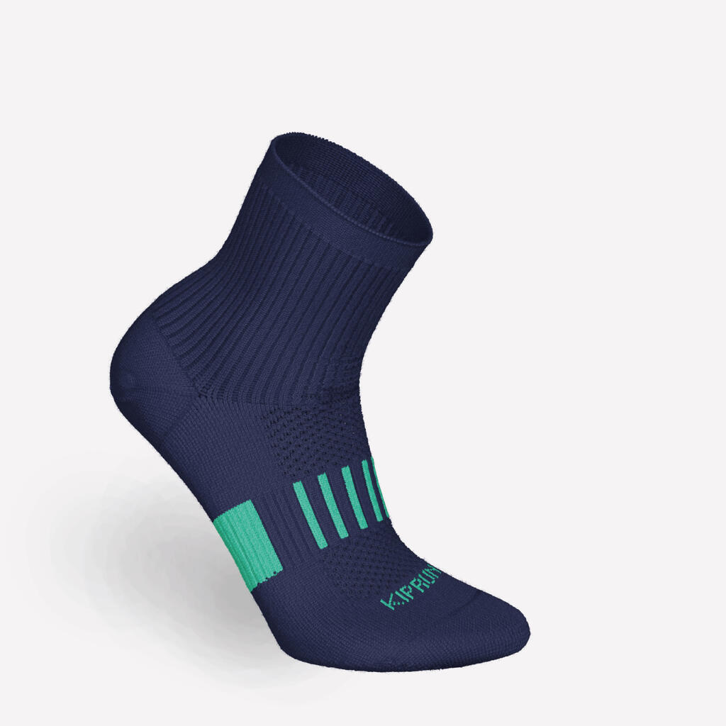 KIPRUN 500 mid kids' comfort running socks 2-pack - navy and striped green