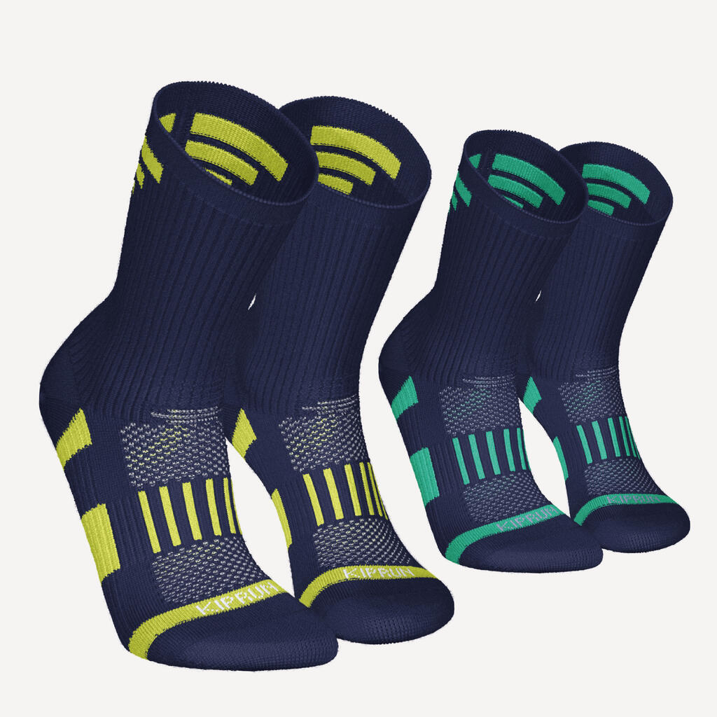 Kids' Running Socks AT 500 Comfort High 2-Pack - navy green-yellow