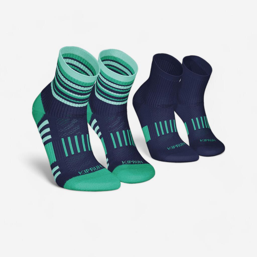 KIPRUN 500 mid kids' comfort running socks 2-pack - navy and striped green