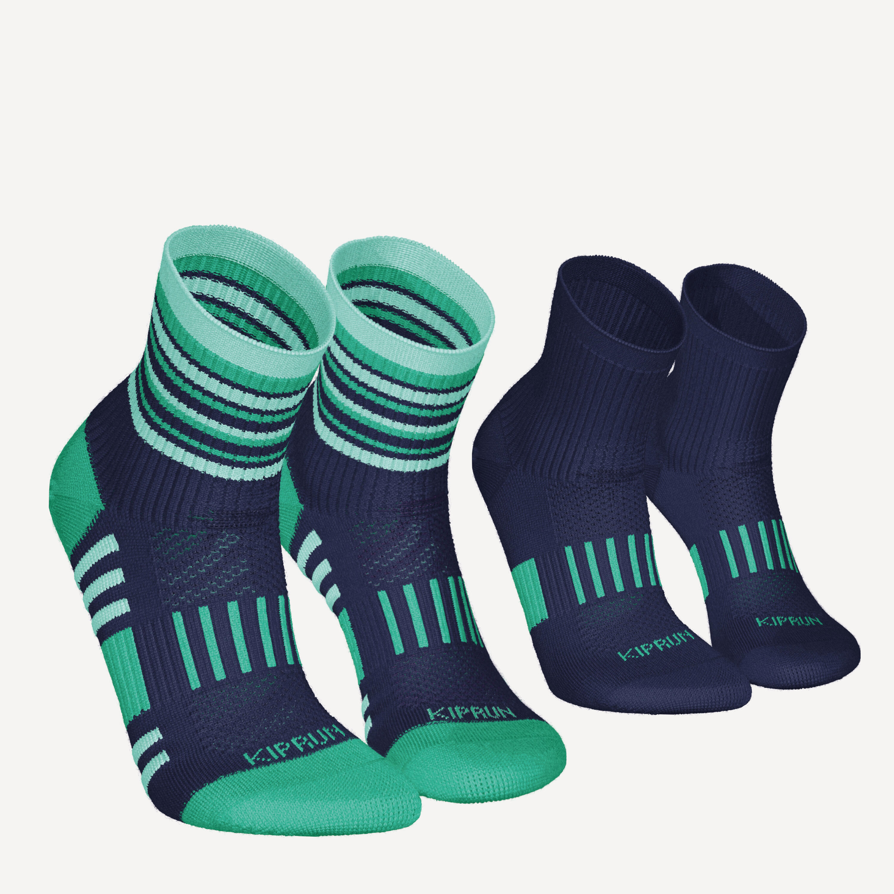 KIPRUN 500 mid kids' comfort running socks 2-pack - navy and striped green 1/9