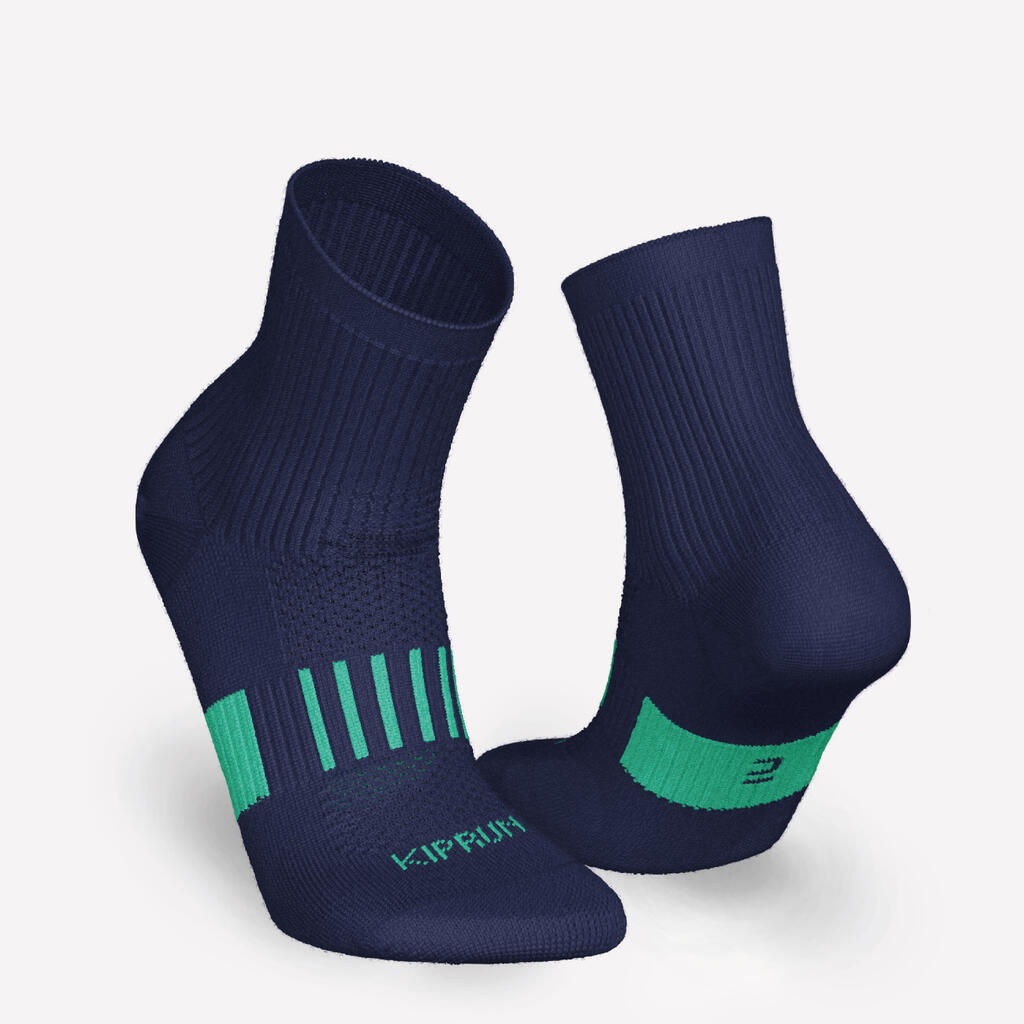 KIPRUN 500 mid kids' comfort running socks 2-pack - navy and striped green