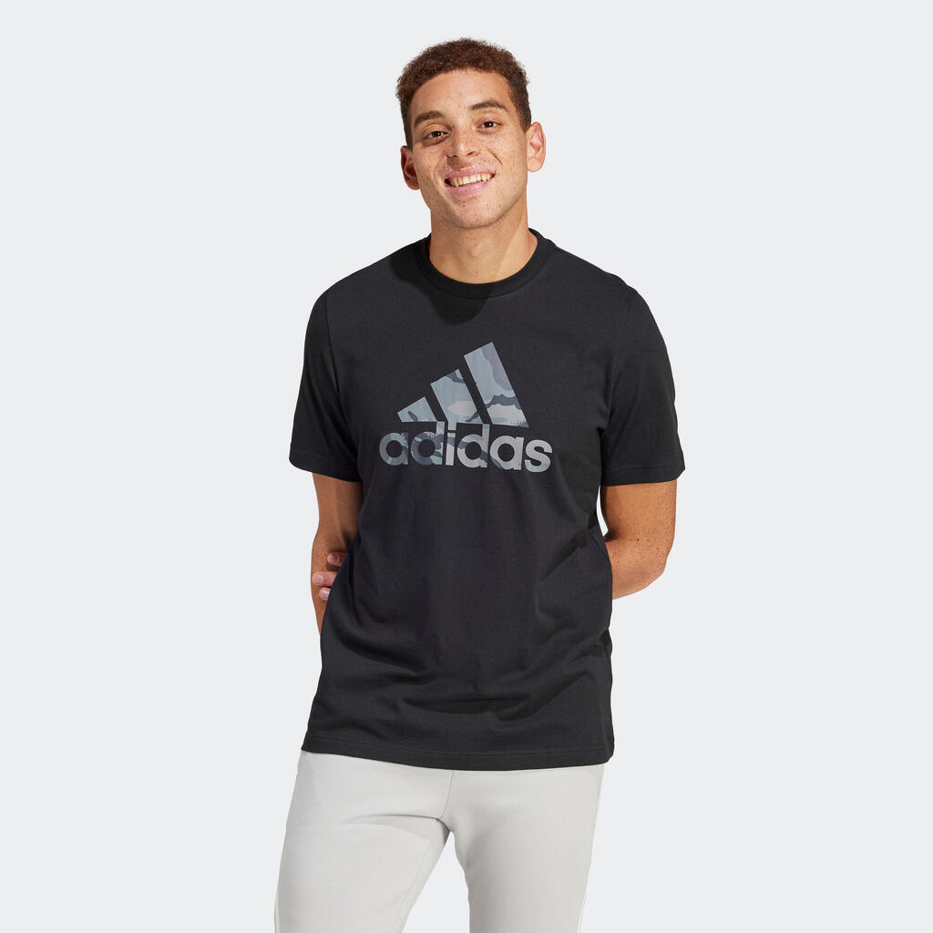 Vīriešu zemas intensitātes fitnesa T krekls, melns ar kamuflāžas raksta logotipu