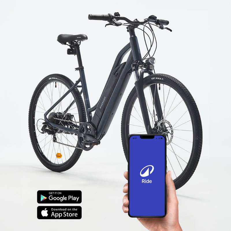 Velo tout chemin electrique cadre bas Riverside 100 E bleu pour les clubs et collectivites Decathlon Pro