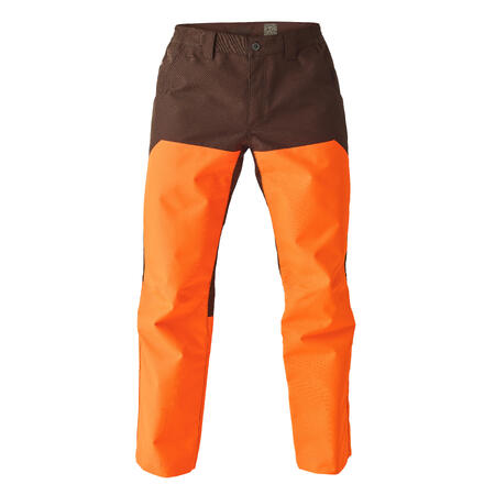 Pantalon de chasse renforcé et imperméable bois 500 orange/marron