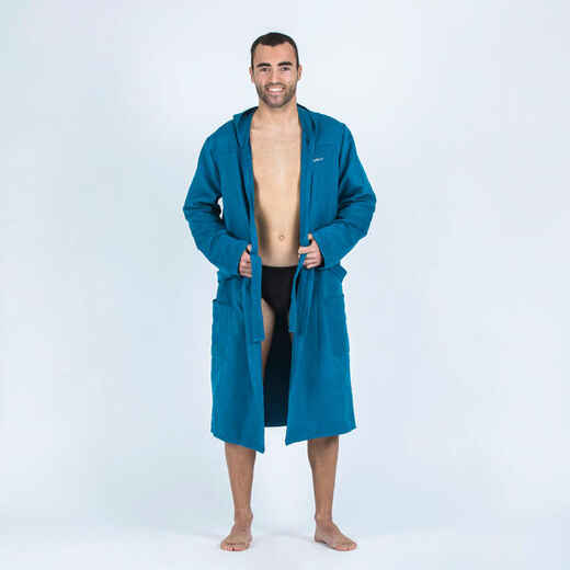 
      Men's compact microfibre pool bathrobe with hood dark blue
  