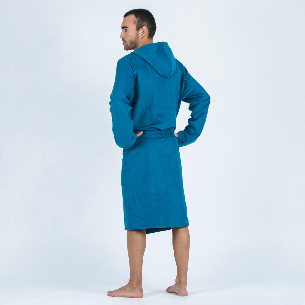Men's compact microfibre pool bathrobe with hood dark blue
