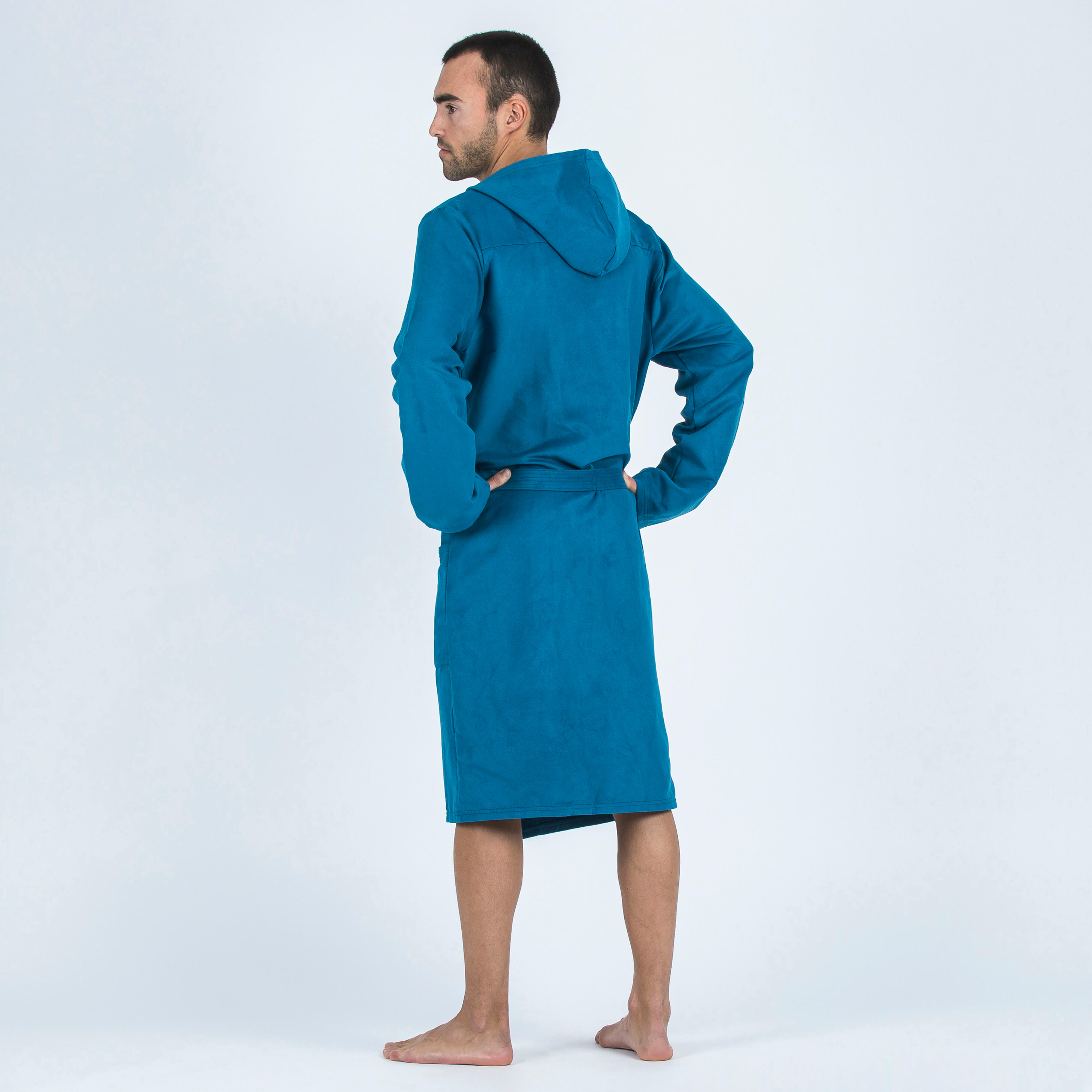 Men's Compact Microfibre Hooded Bathrobe Lightweight & Absorbent Dark Blue