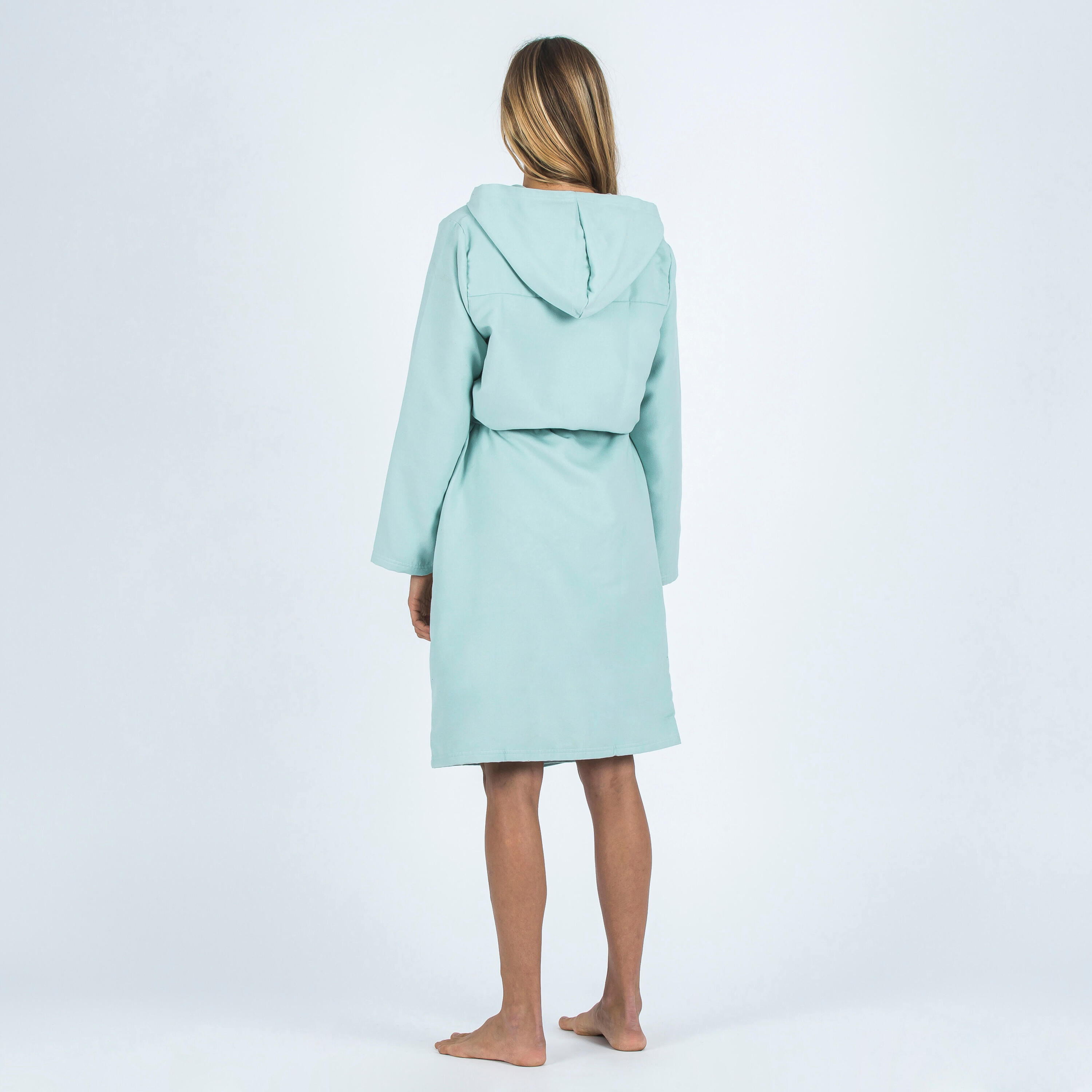 Women's compact microfibre pool bathrobe with hood light green 3/4