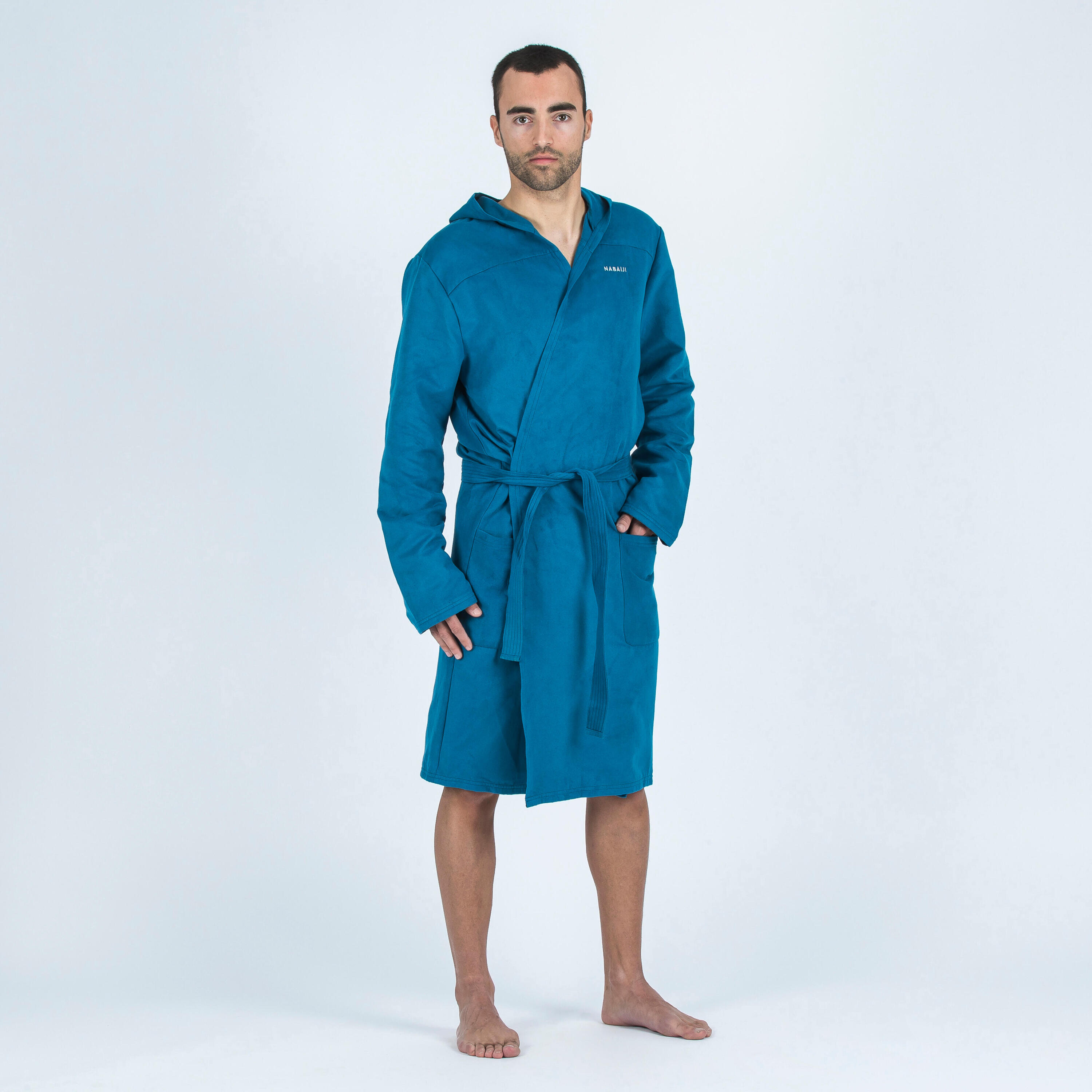 Men's compact microfibre pool bathrobe with hood dark blue 2/4
