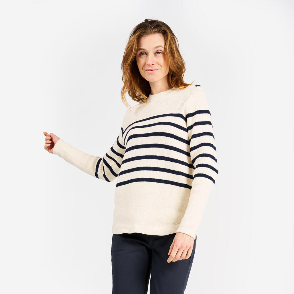 Segelpullover Damen Strick 100 dunkelblau/beige gestreift
