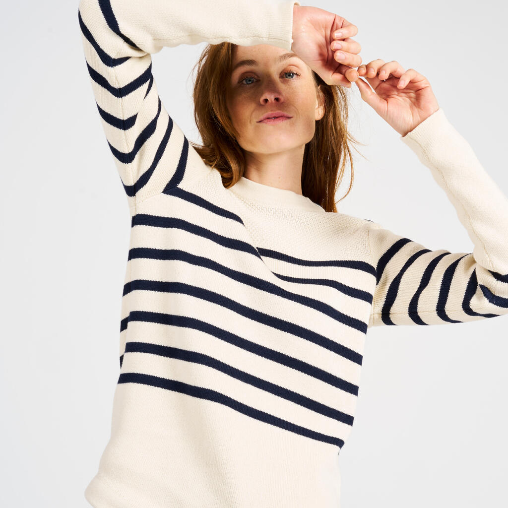 Women’s knitted navy pullover, 100, beige with navy blue stripes