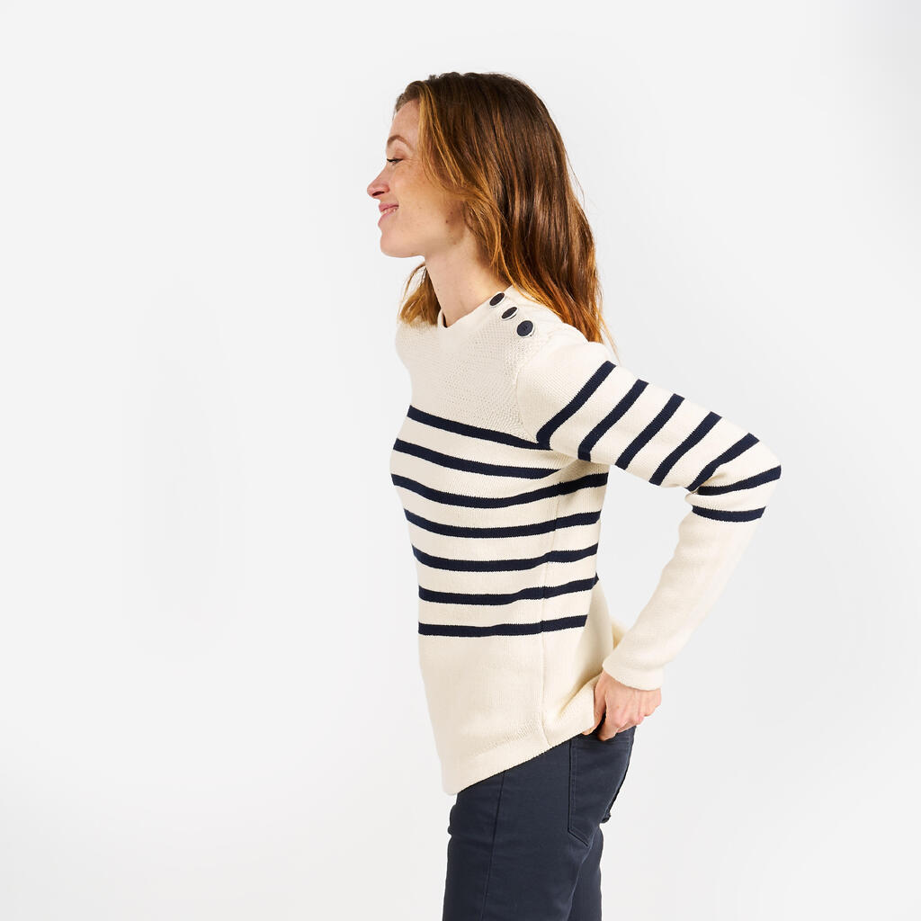 Segelpullover Damen Strick 100 dunkelblau/beige gestreift