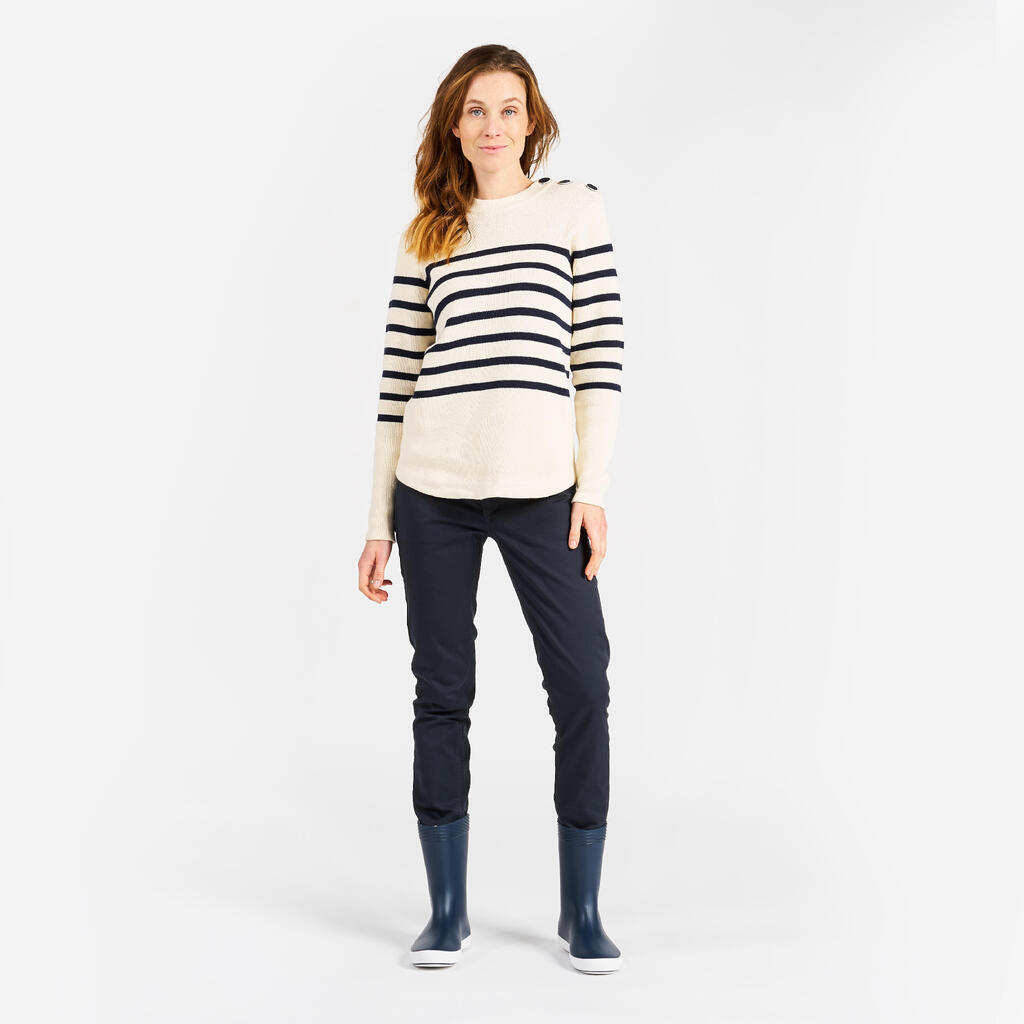 Segelpullover Damen Strick 100 dunkelblau/beige gestreift